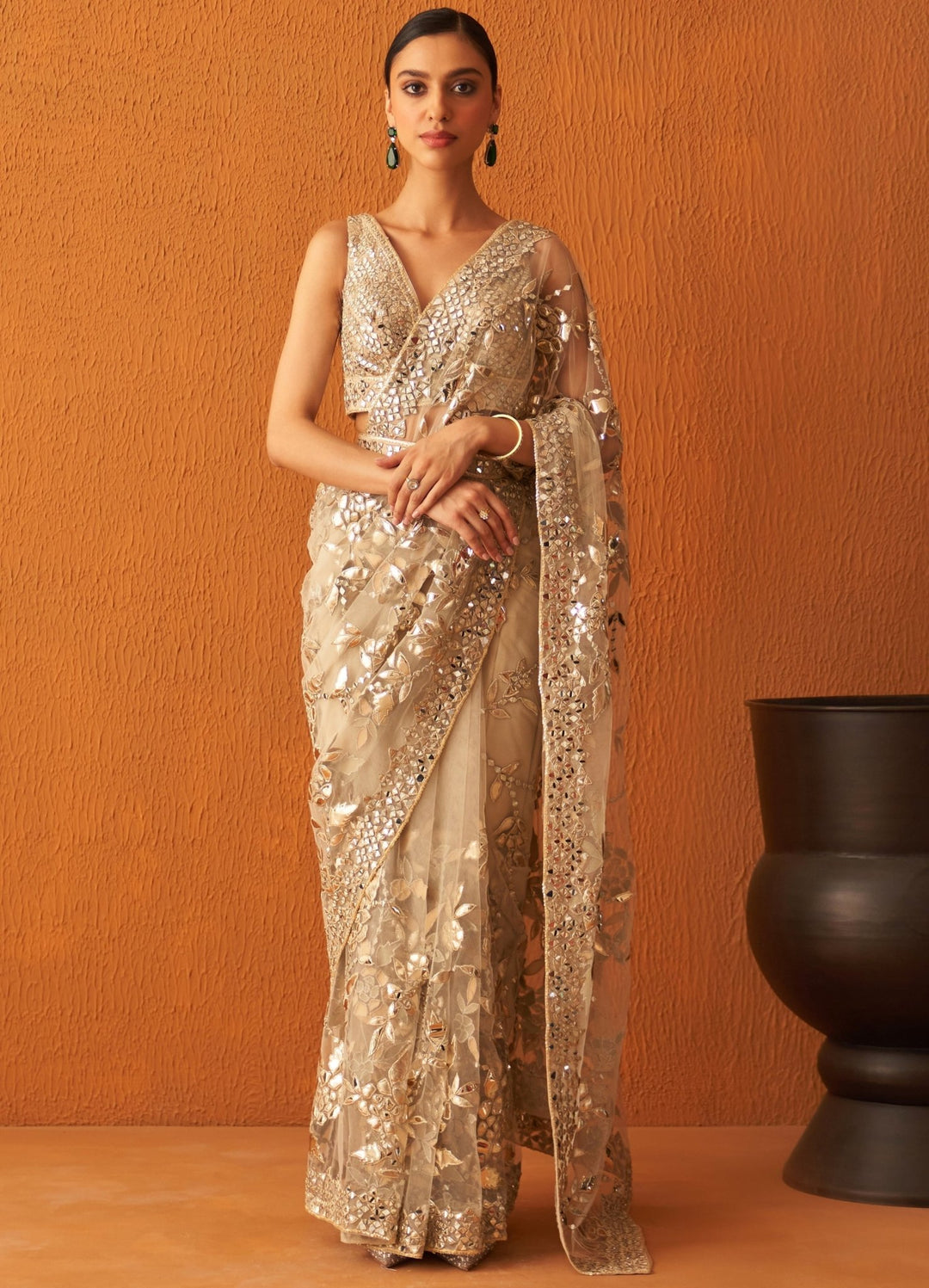 Gold Embellished Net Saree Set With Belt Angad Singh