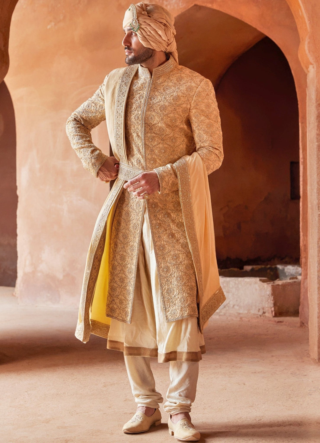 Gold Embellished Silk Sherwani Set With Kalidar Kurta Nitika Gujral - Men - Fabilicious Fashion