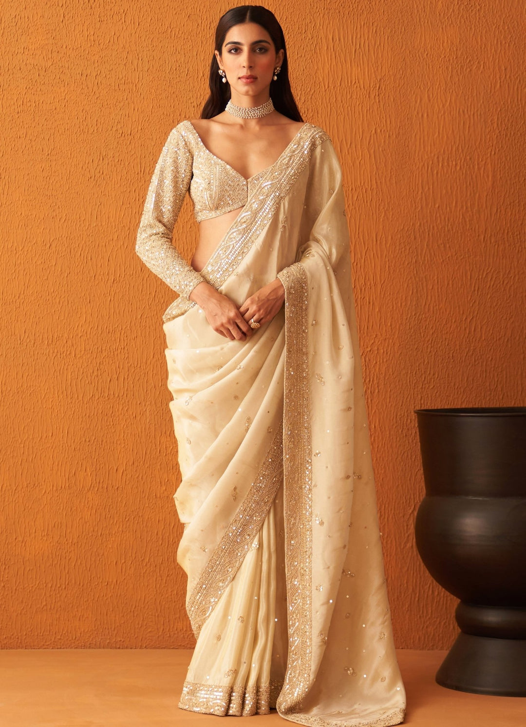 Gold Embellished Tissue Saree With Blouse Angad Singh - Fabilicious Fashion
