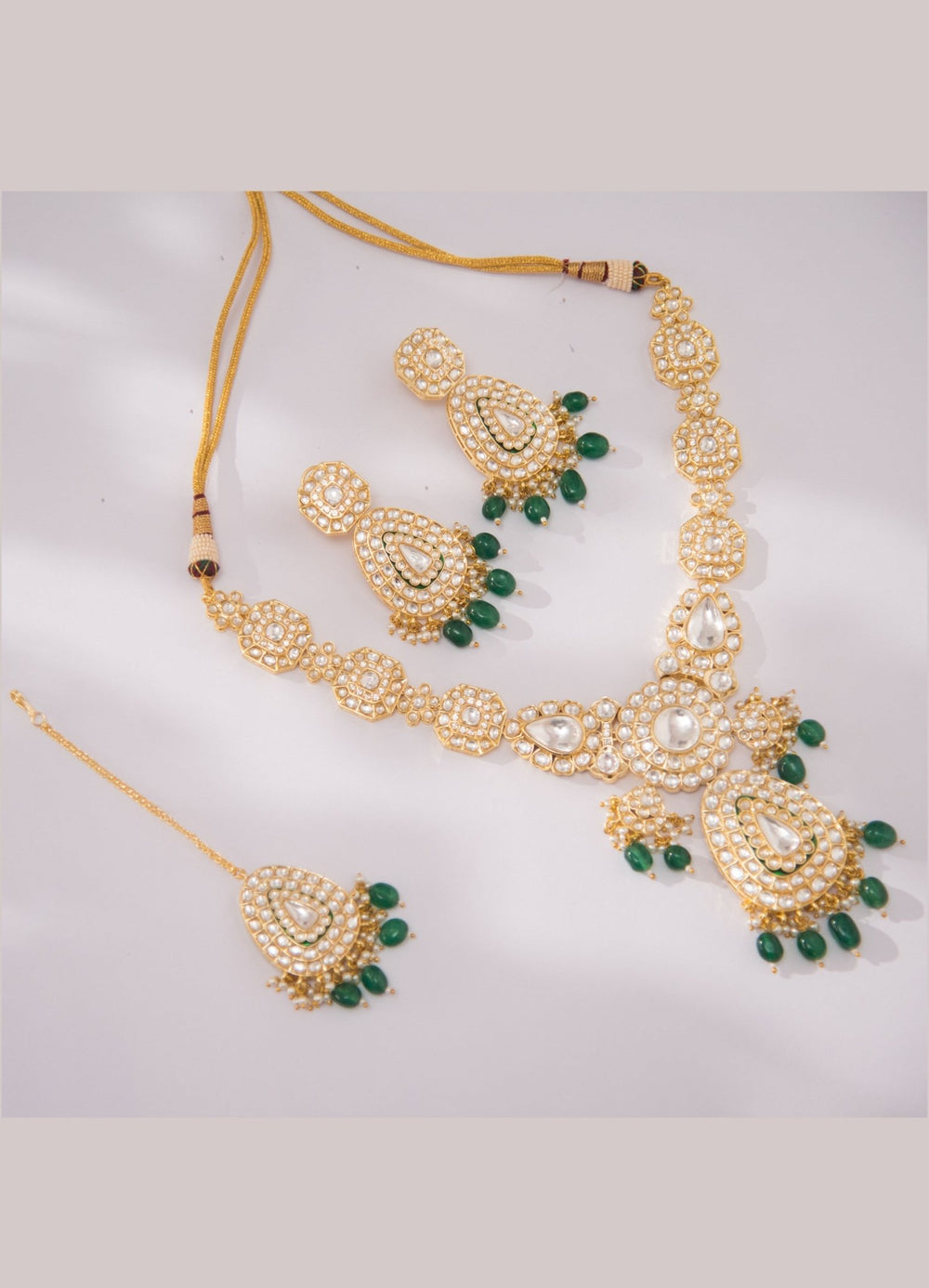 Gold Emerald Kundan Long Necklace With Earring And Maang Tikka Zevar By Geeta - Fabilicious Fashion