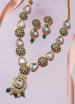 Gold Emerald Kundan long Necklace Zevar by Geeta - Fabilicious Fashion