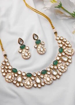 Gold Emerald Stones Kundan Necklace Set Zevar by Geeta - Fabilicious Fashion