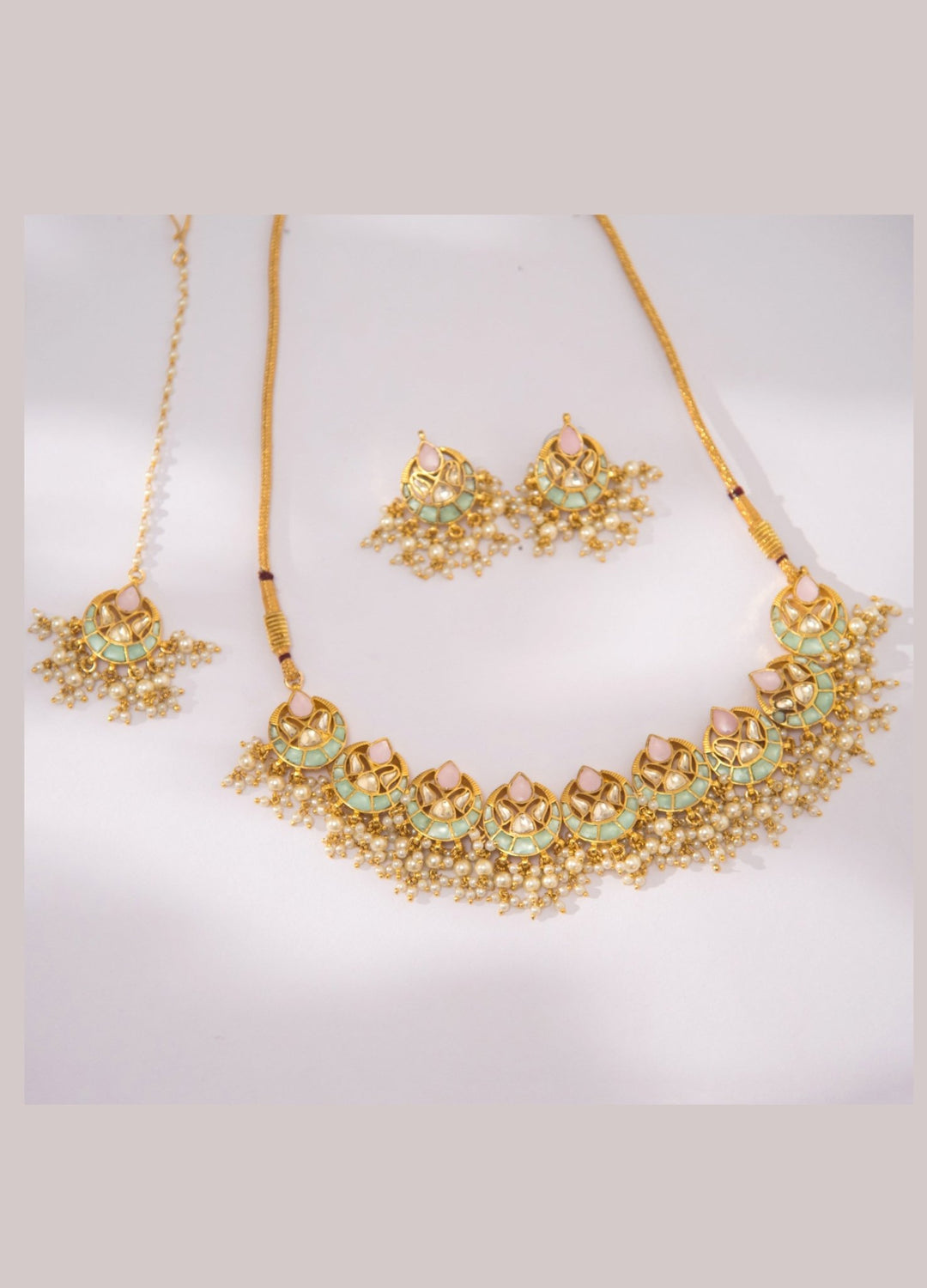 Gold Green Kundan Choker Set With Maang Tikka Zevar By Geeta - Fabilicious Fashion