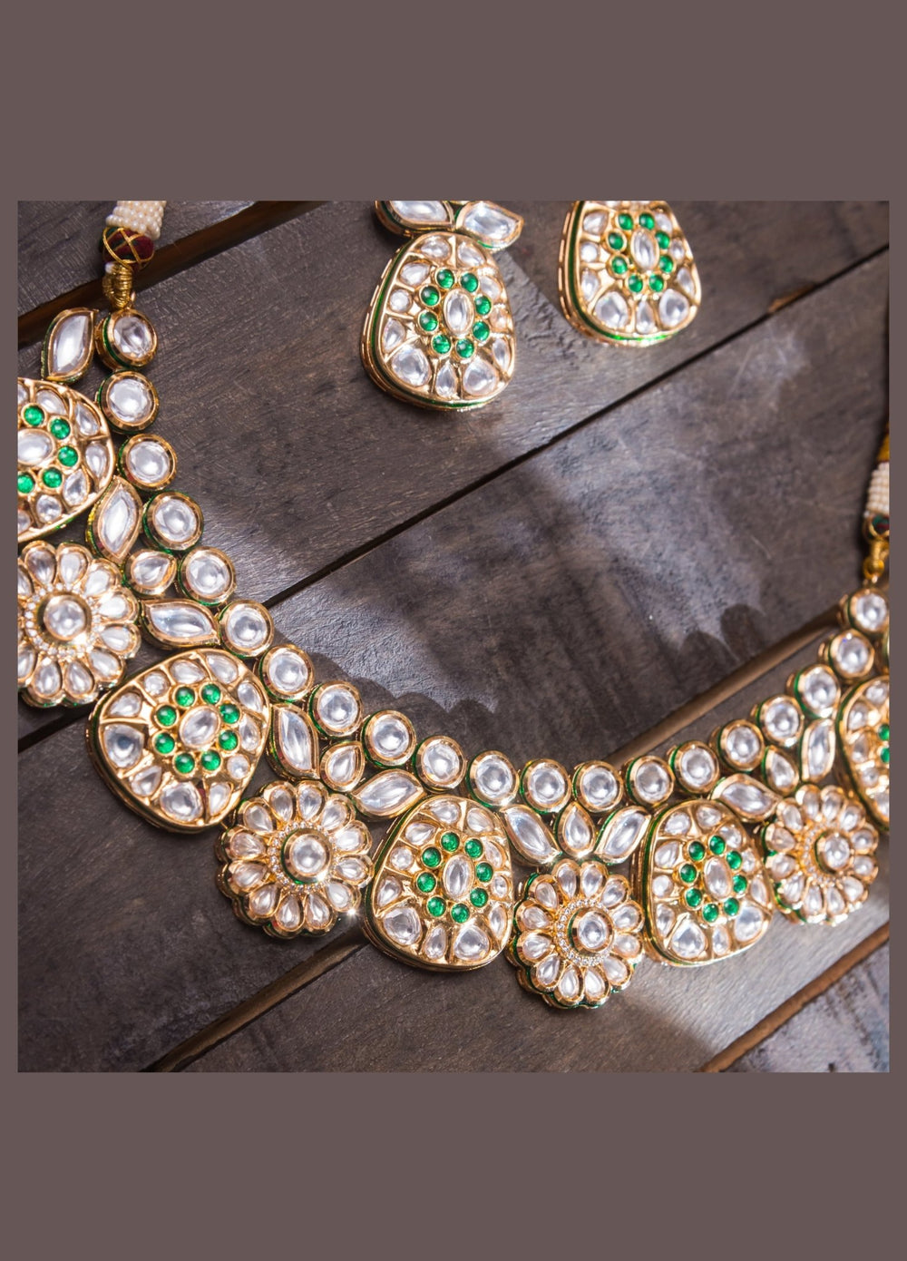 Gold Green Kundan Necklace Set With Earrings Zevar By Geeta - Fabilicious Fashion