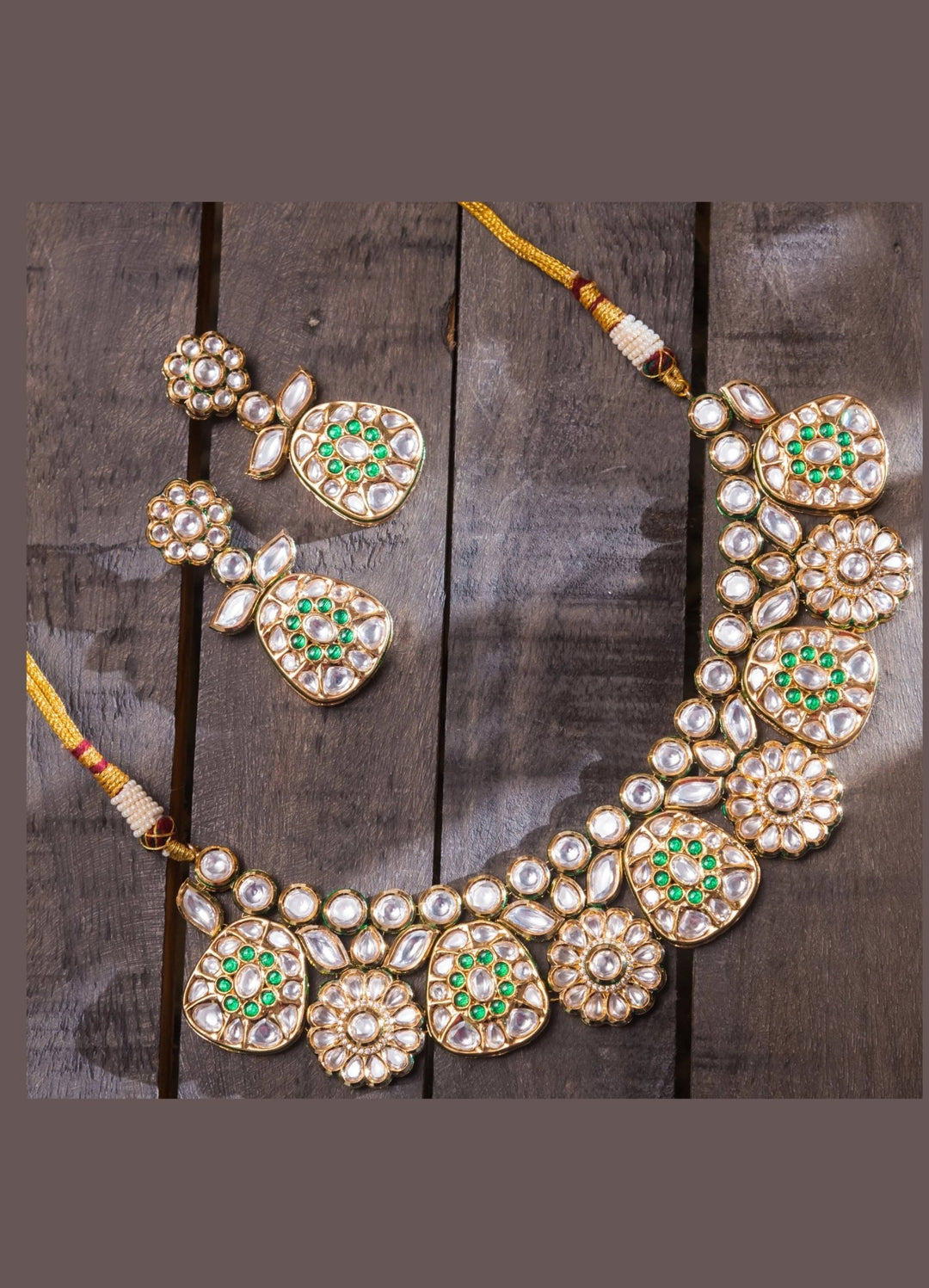 Gold Green Kundan Necklace Set With Earrings Zevar By Geeta - Fabilicious Fashion