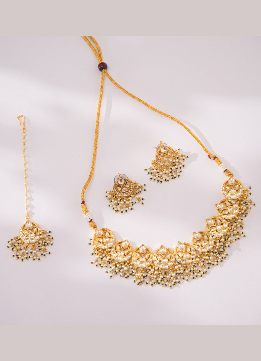 Gold Green Kundan Necklace Set With Pearl Work Zevar By Geeta - Fabilicious Fashion