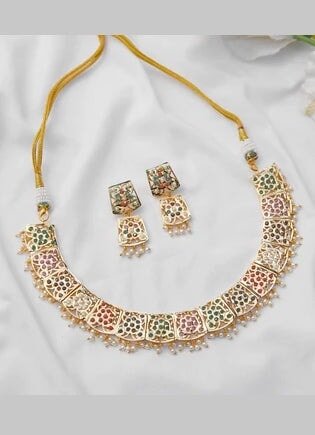 Gold Jadau Set With Matching Pair of Earrings Zevar by Geeta - Fabilicious Fashion