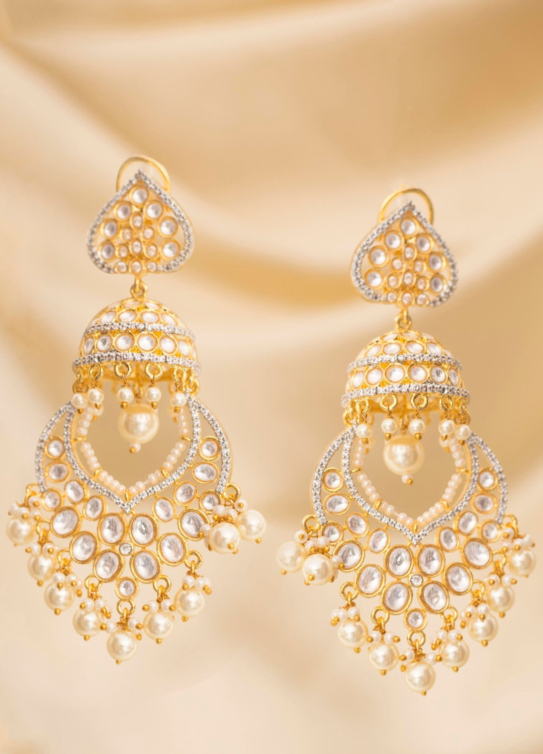 Gold Kundan Earrings With Pearl Hangings Zevar By Geeta - Fabilicious Fashion
