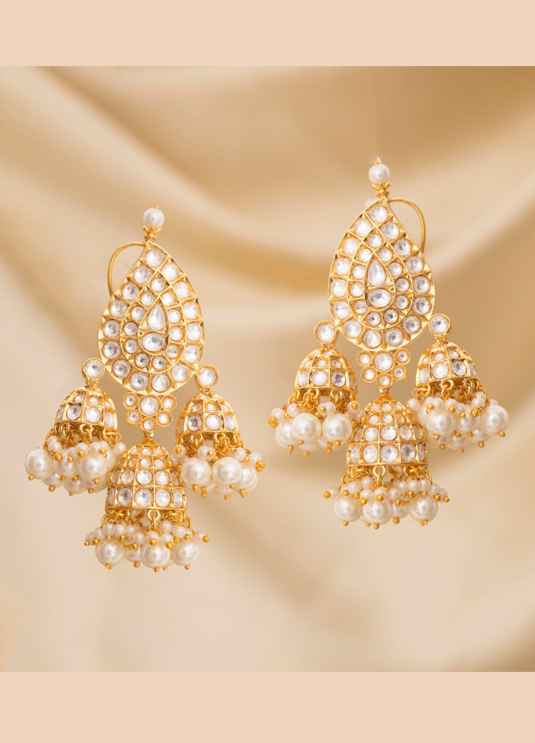 Gold Kundan Earrings With Triple Jhumkis Zevar By Geeta - Fabilicious Fashion