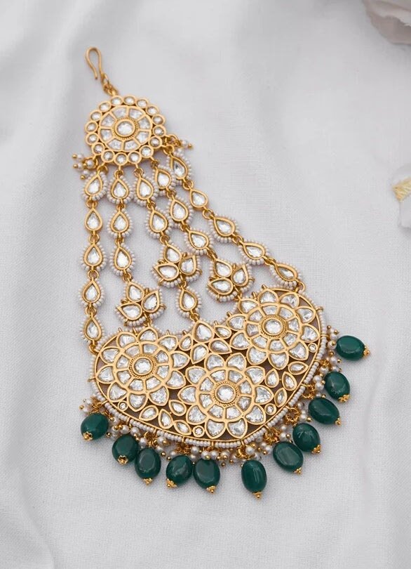 Gold Kundan Emerald Drops Traditional Passa Zevar by Geeta - Fabilicious Fashion