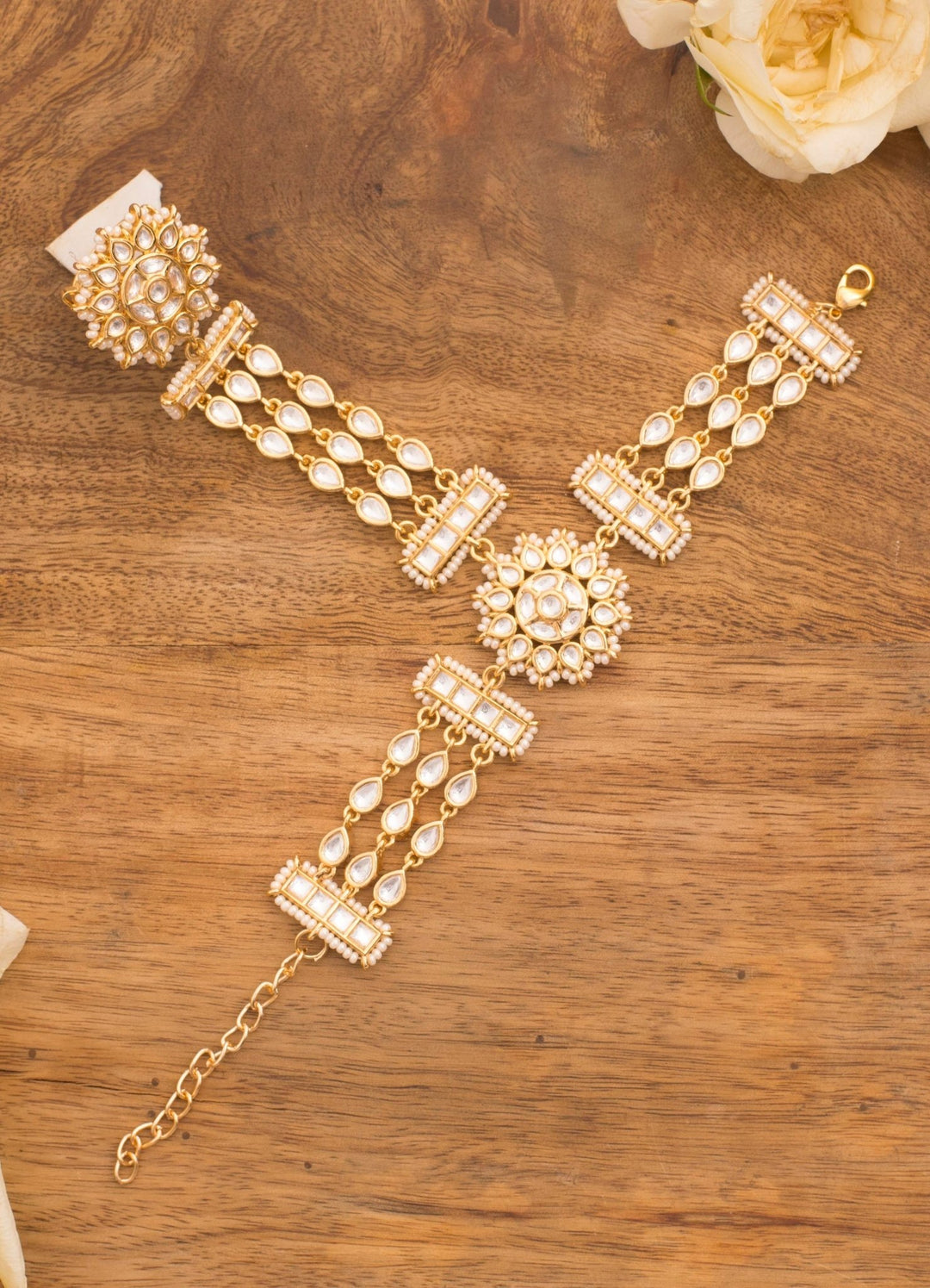 Gold Kundan Haathphool With Floral Ring Zevar By Geeta - Fabilicious Fashion