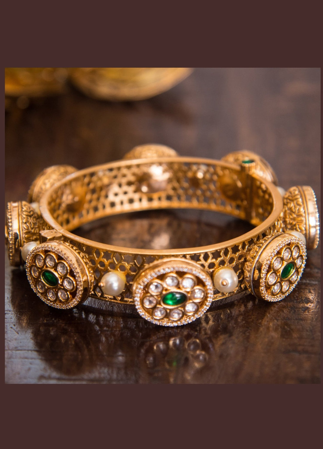 Gold Kundan Kada Set With Emerald Stone Zevar By Geeta - Fabilicious Fashion
