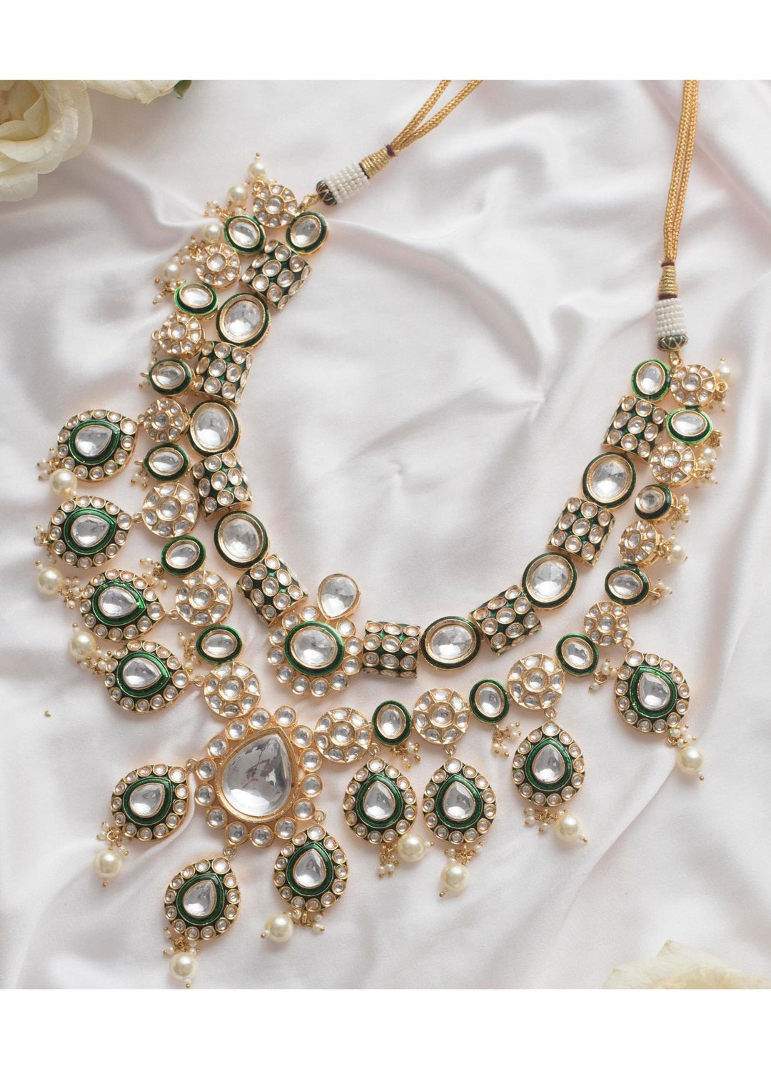Gold Kundan Layered Necklace Set With Emerald Stones Zevar By Geeta - Fabilicious Fashion