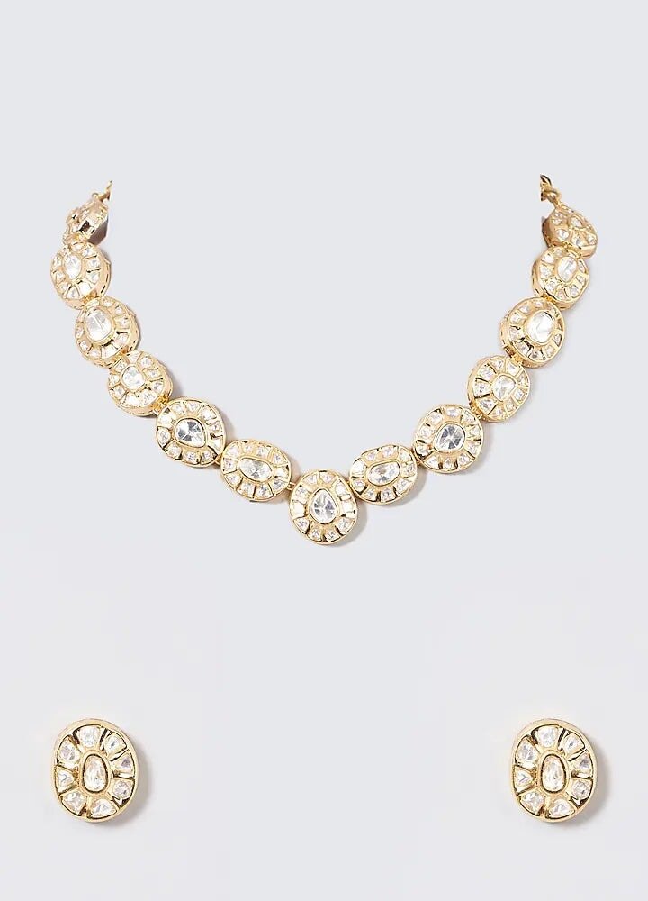 Gold Kundan Necklace Set With Earrings Zevar By Geeta - Fabilicious Fashion