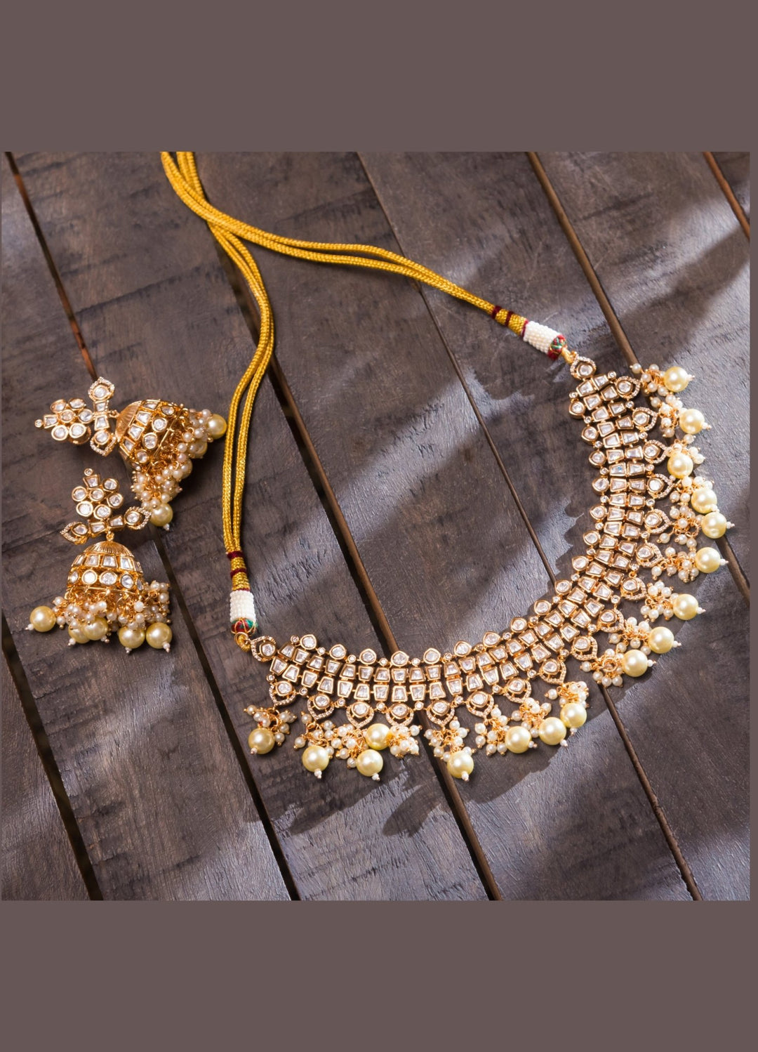 Gold Kundan Necklace Set With Pearl Work Zevar By Geeta - Fabilicious Fashion