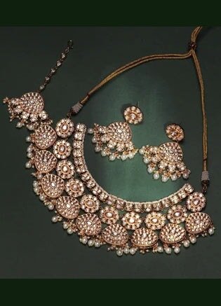 Gold Kundan Polki Necklace Set Zevar by Geeta - Fabilicious Fashion