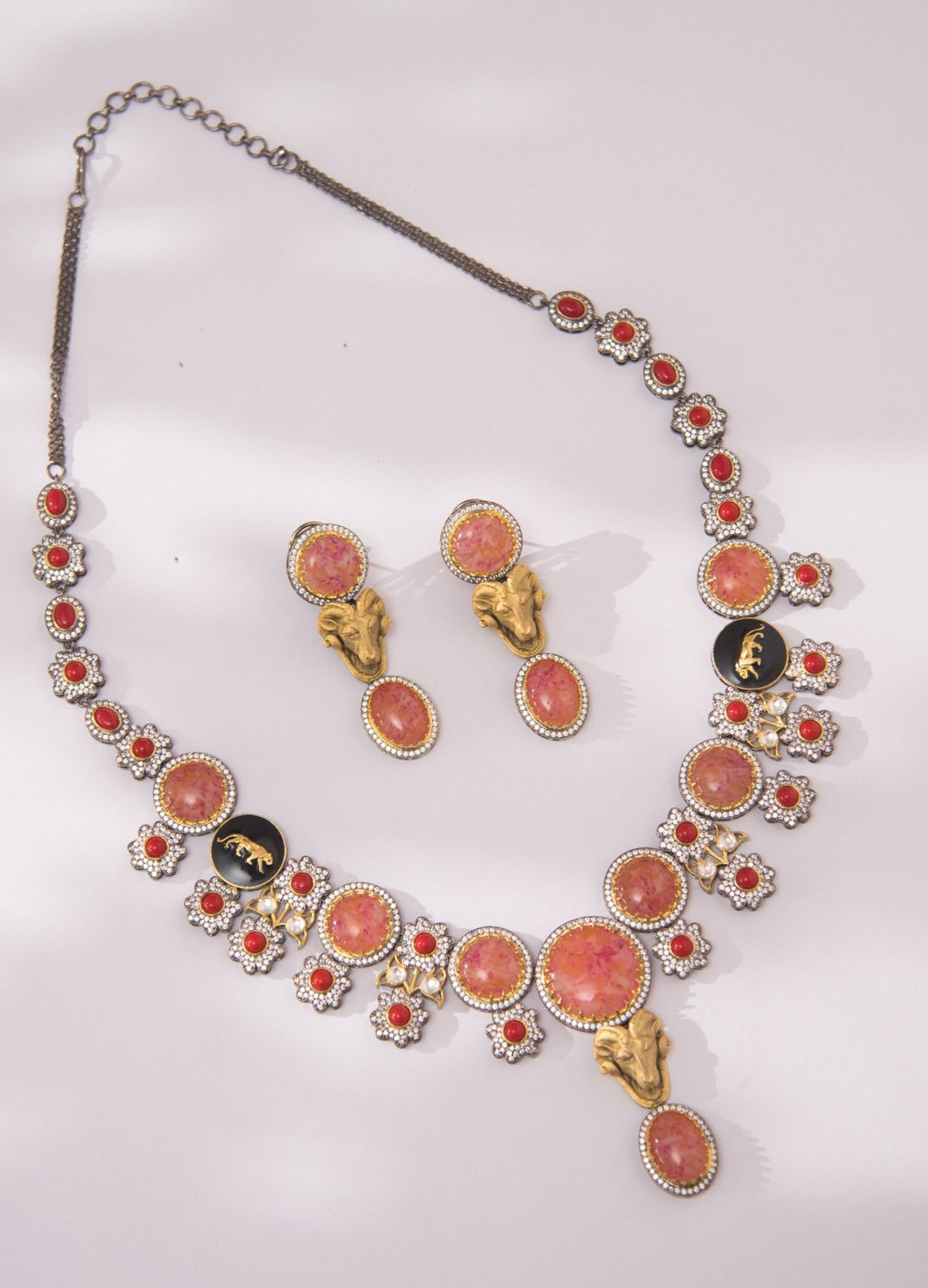 Gold Multicolor Kundan Long Neckace Set With Pearl Detailing Zevar By Geeta - Fabilicious Fashion
