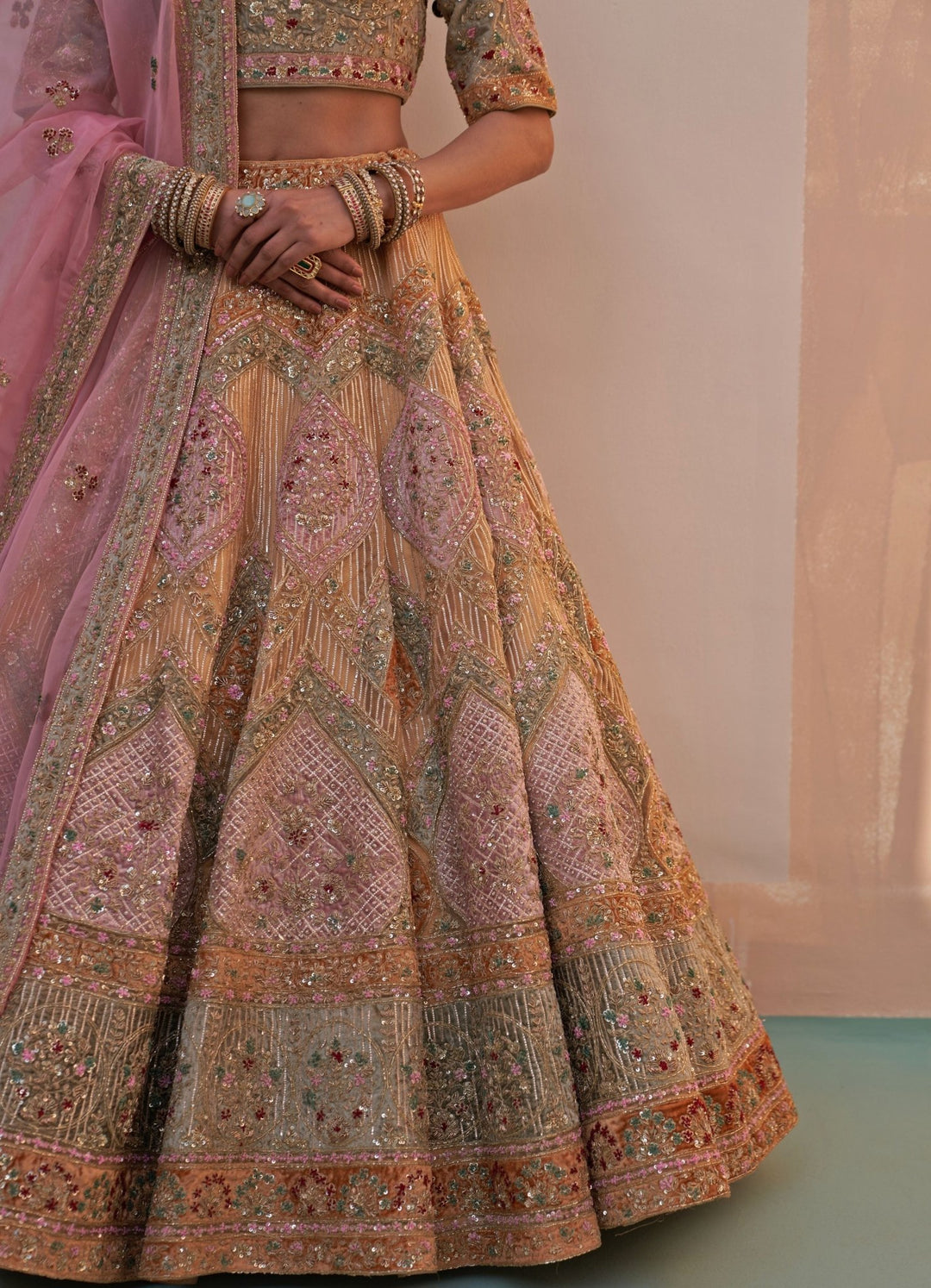 Gold Pastel Medley Organza Double Dupatta Lehenga Set Angad Singh - Fabilicious Fashion