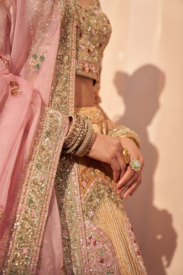 Gold Pastel Medley Organza Double Dupatta Lehenga Set Angad Singh - Fabilicious Fashion