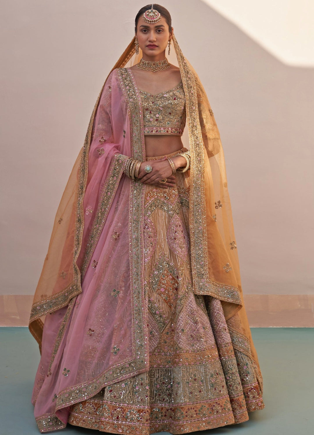 Gold Pastel Medley Organza Double Dupatta Lehenga Set Angad Singh - Fabilicious Fashion