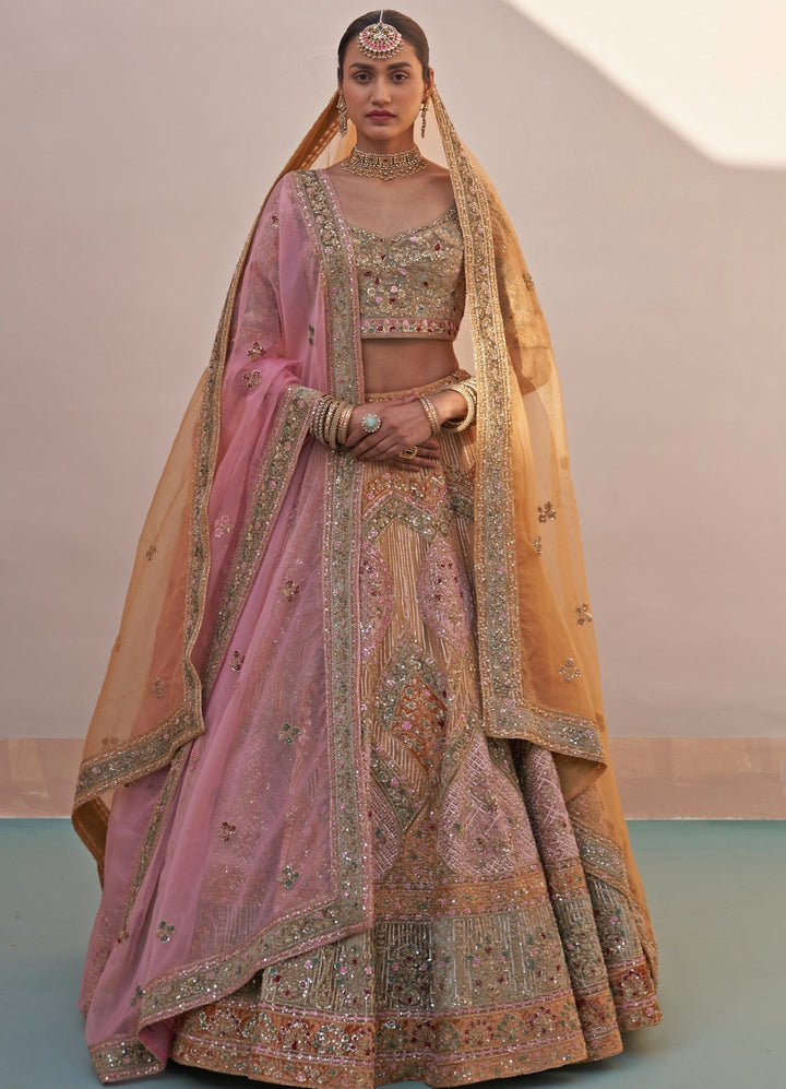 Gold Pastel Medley Organza Double Dupatta Lehenga Set Angad Singh - Fabilicious Fashion