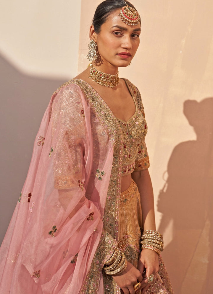 Gold Pastel Medley Organza Double Dupatta Lehenga Set Angad Singh - Fabilicious Fashion