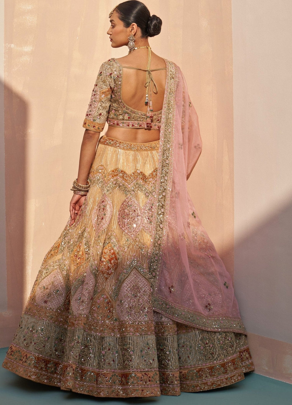 Gold Pastel Medley Organza Double Dupatta Lehenga Set Angad Singh - Fabilicious Fashion