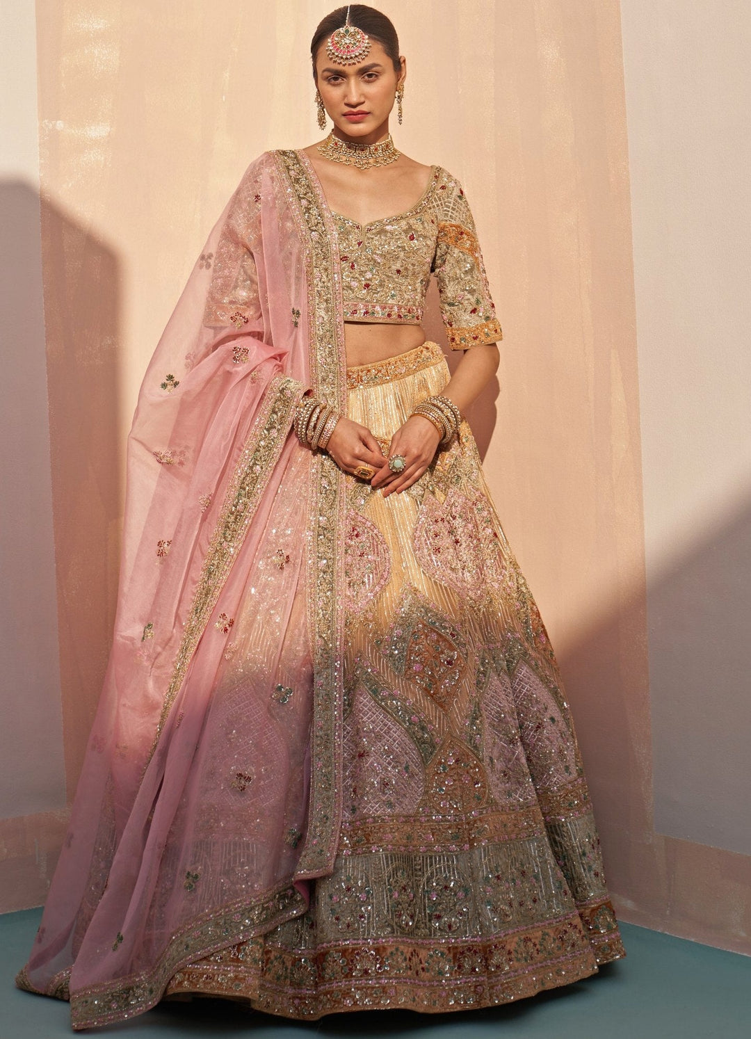 Gold Pastel Medley Organza Double Dupatta Lehenga Set Angad Singh - Fabilicious Fashion