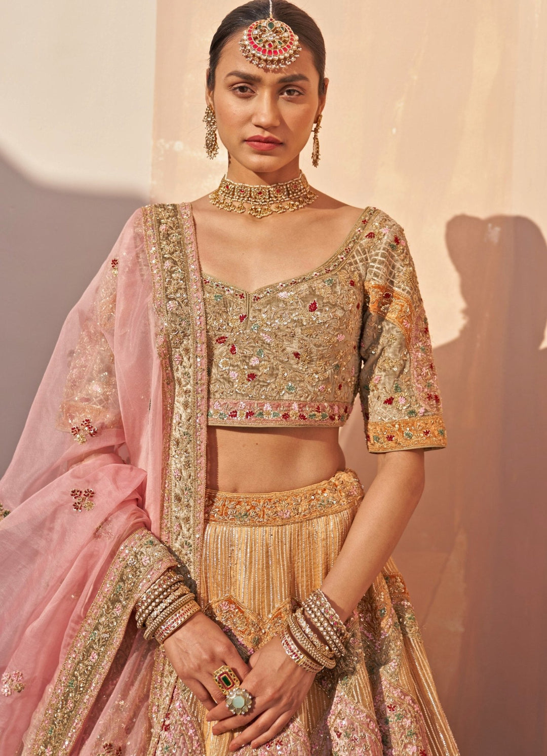 Gold Pastel Medley Organza Double Dupatta Lehenga Set Angad Singh - Fabilicious Fashion