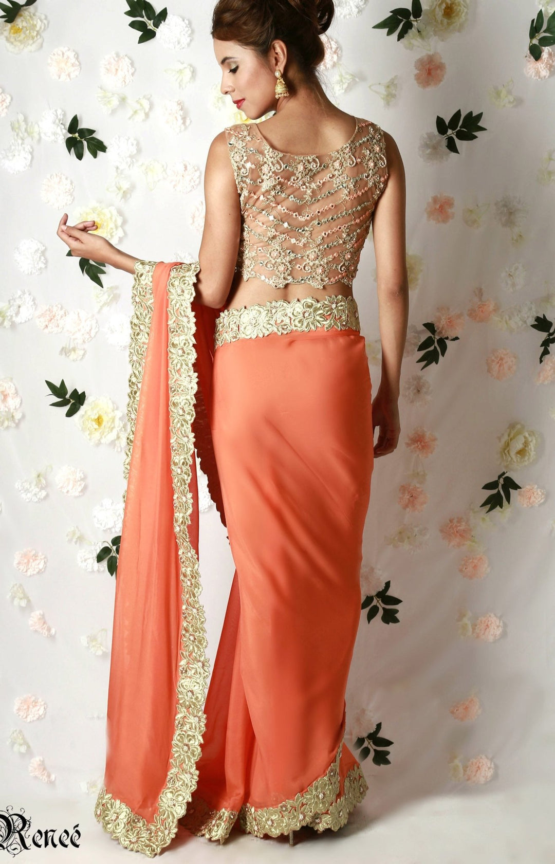 Gold Peach Blouse with Tangerine Saree Renee - Fabilicious Fashion