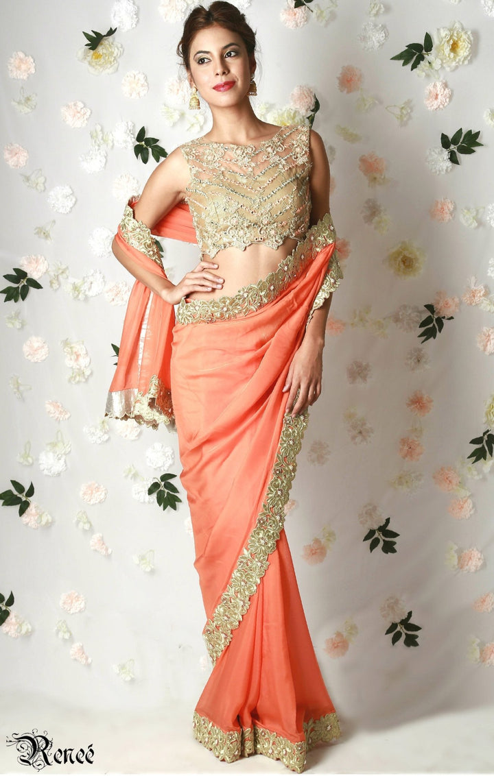 Gold Peach Blouse with Tangerine Saree Renee - Fabilicious Fashion