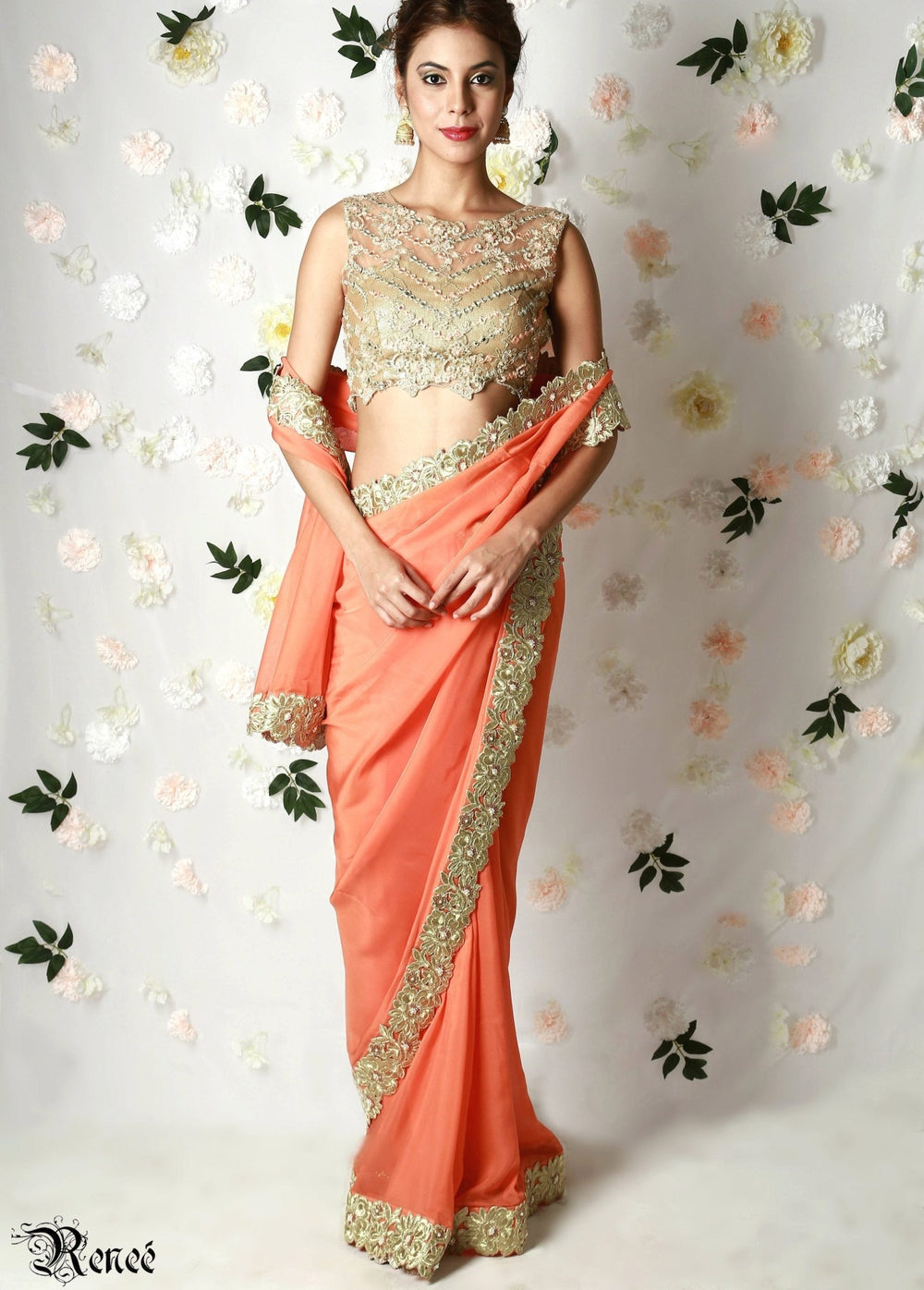 Gold Peach Blouse with Tangerine Saree Renee - Fabilicious Fashion