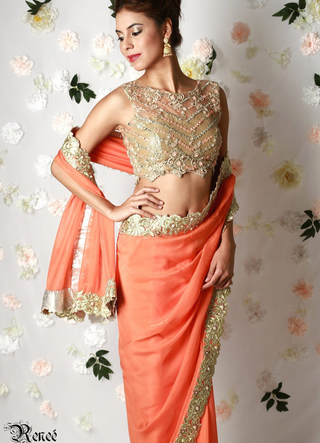 Gold Peach Blouse with Tangerine Saree Renee - Fabilicious Fashion