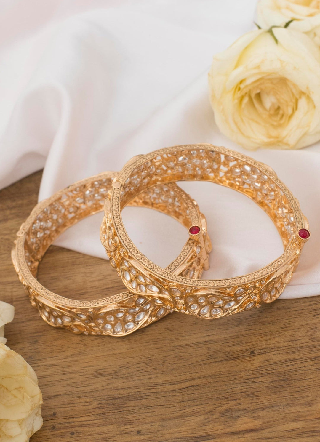 Gold Plated Kundan Kada Set With White Stones Zevar By Geeta - Fabilicious Fashion