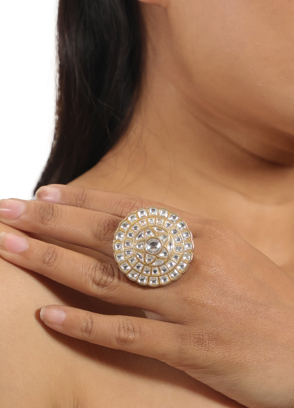 Gold Plated White Stone Embedded Ring Kalyani Indian Jewelry - Fabilicious Fashion
