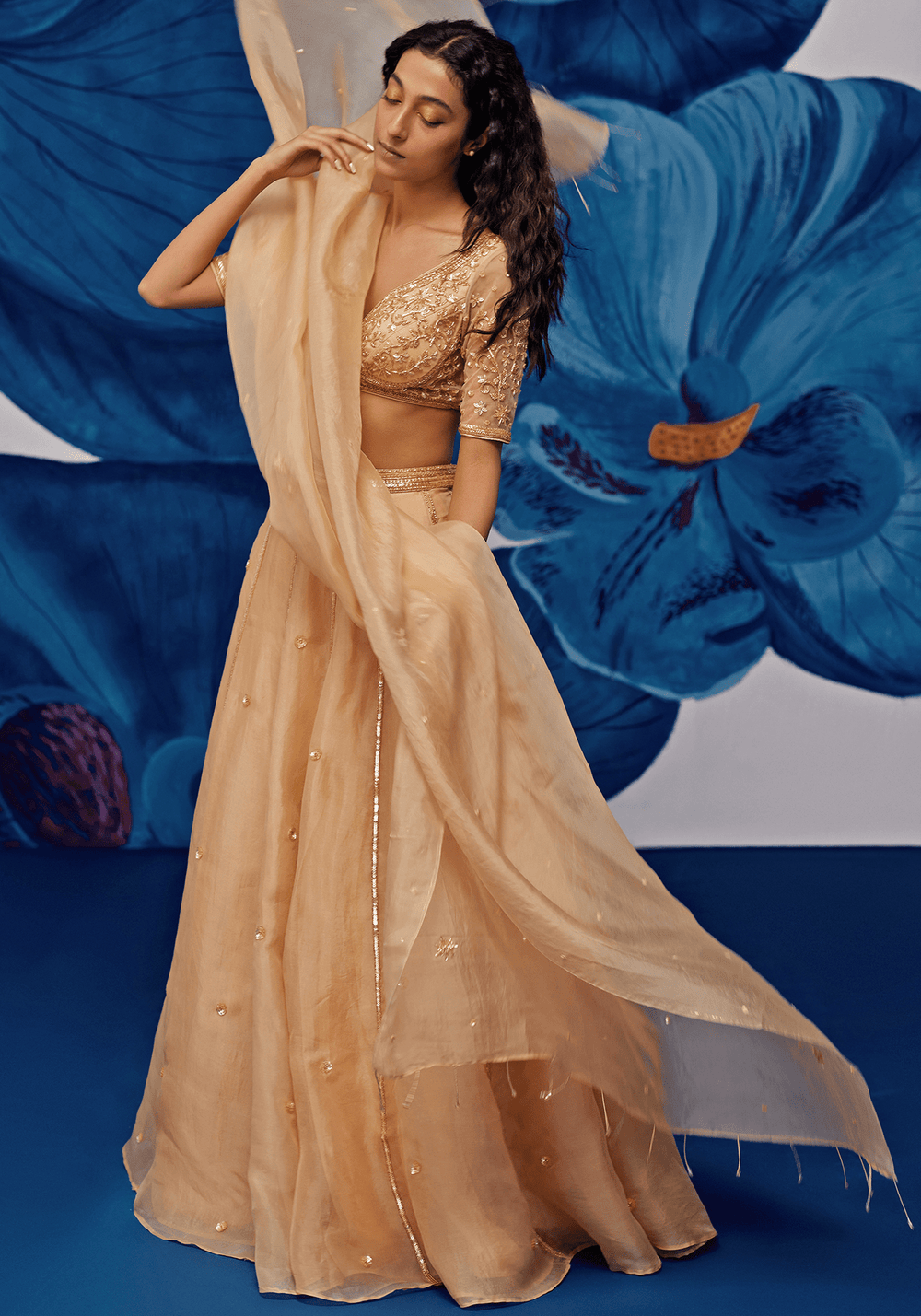 Gold Silk Organza Embroidered Lehenga Set Zoon Tribe - Fabilicious Fashion