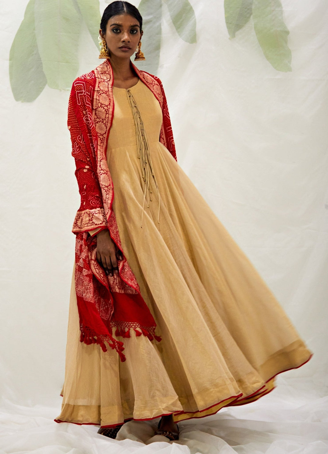 Gold Tissue Anarkali With Red Bandhani Dupatta Pink City by Sarika Fabilicious Fashion