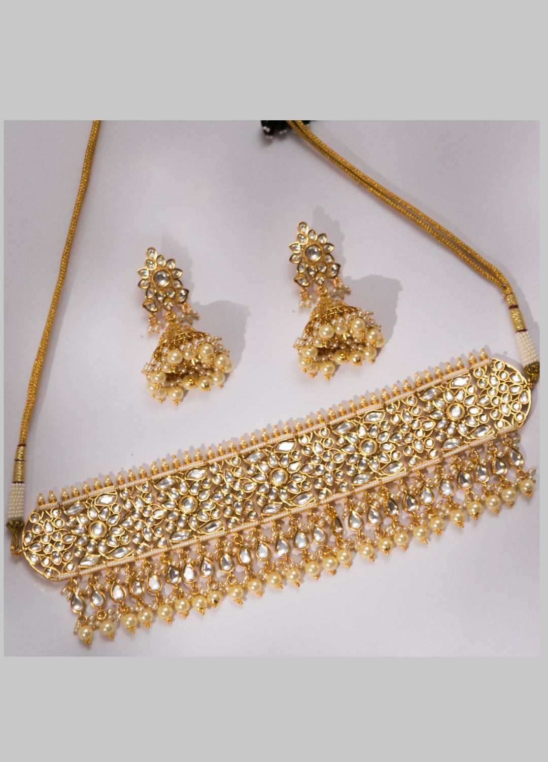 Gold White Kundan Choker Set With Jhumkis Zevar By Geeta - Fabilicious Fashion