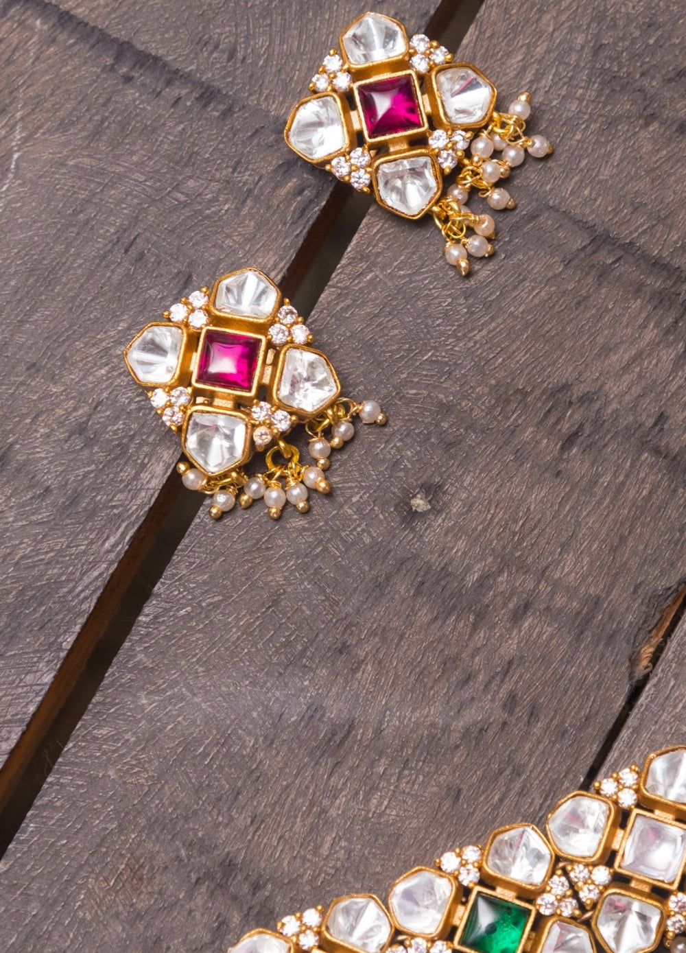 Gold White Kundan Choker Set With Multi Colored Stones Zevar By Geeta - Fabilicious Fashion