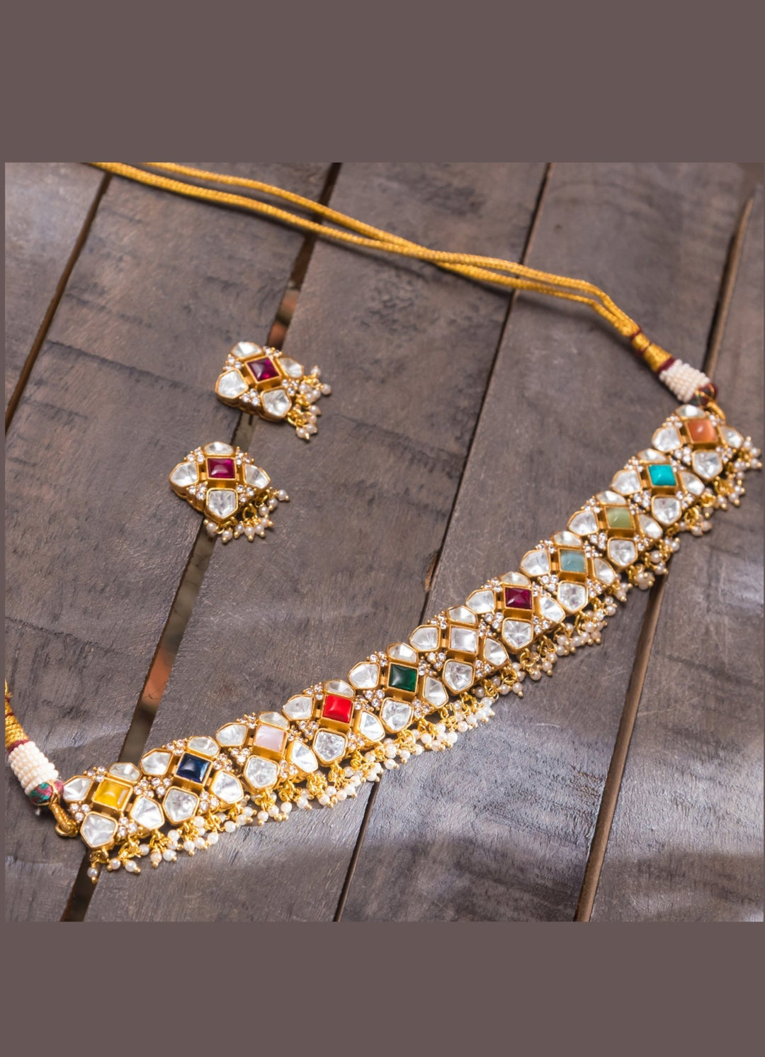 Gold White Kundan Choker Set With Multi Colored Stones Zevar By Geeta - Fabilicious Fashion