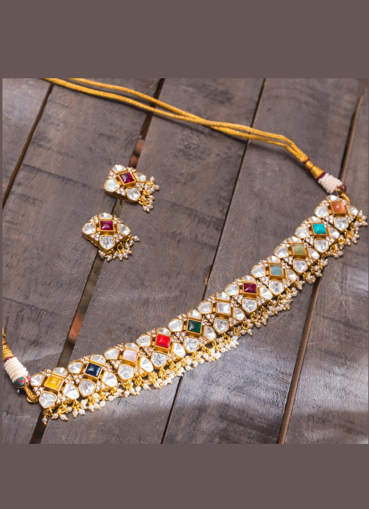 Gold White Kundan Choker Set With Multi Colored Stones Zevar By Geeta - Fabilicious Fashion