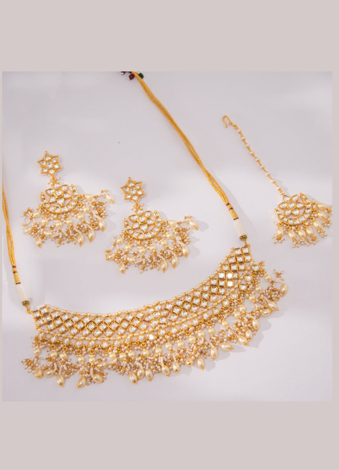 Gold White Kundan Necklace Set With Maang Tikka Zevar By Geeta - Fabilicious Fashion