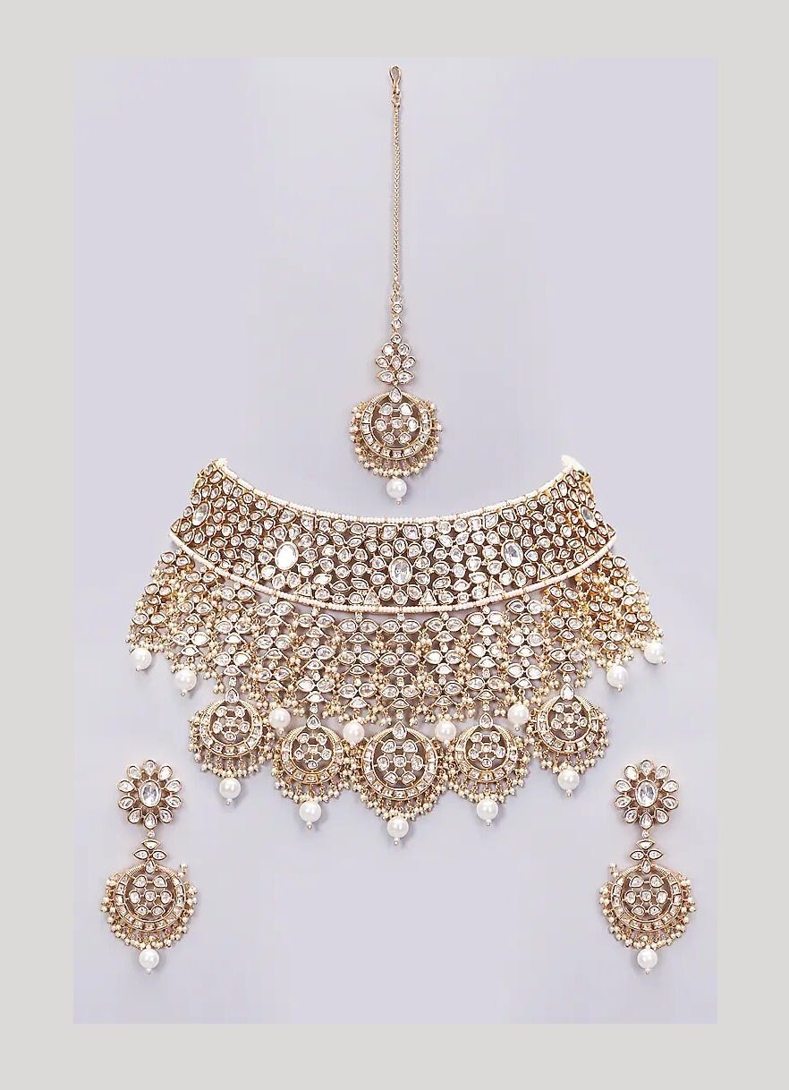 Gold White Kundan Necklace Set With Maang Tikka Zevar By Geeta - Fabilicious Fashion