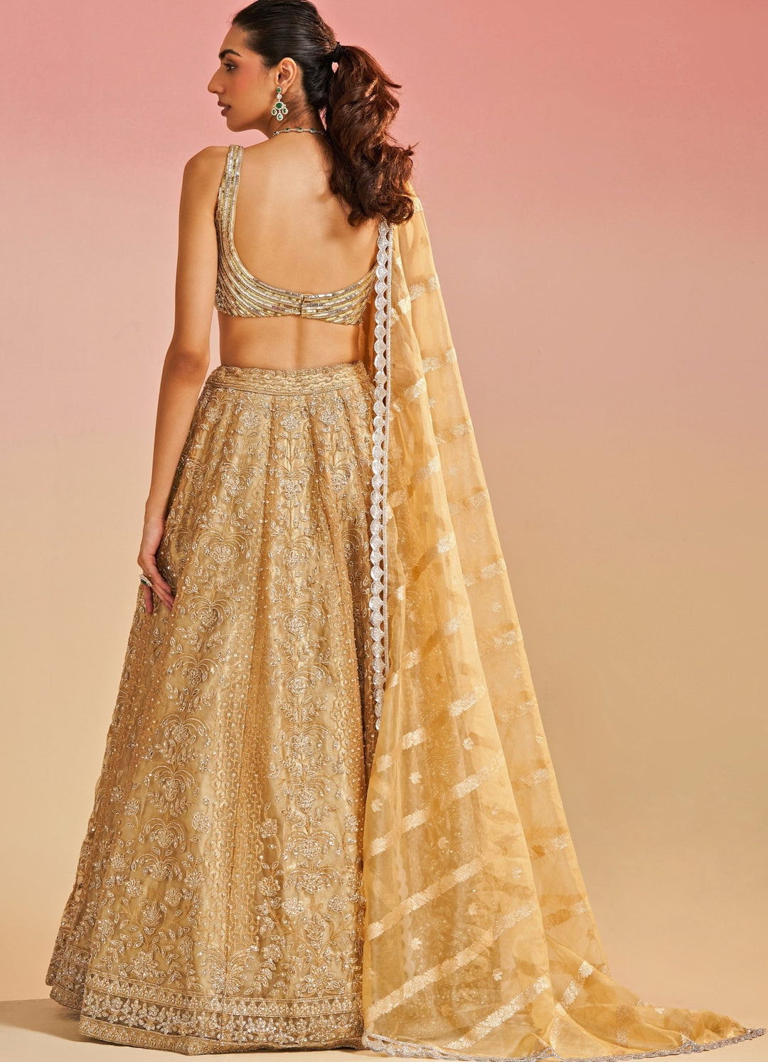 Gold Zari and Sequins Organza Lehenga Set Studio Iris - Fabilicious Fashion