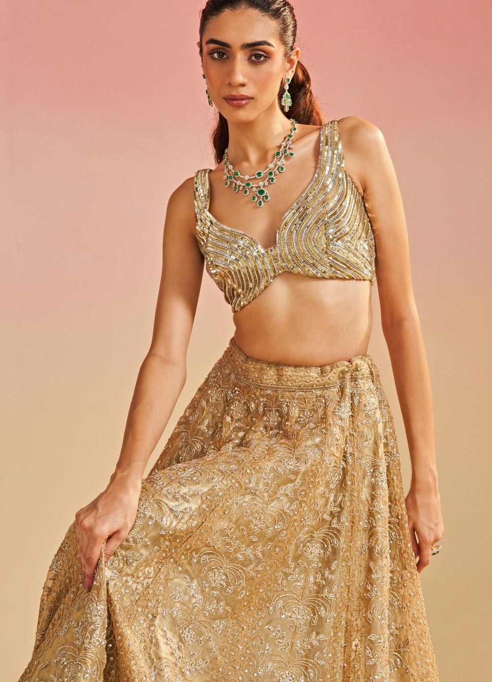 Gold Zari and Sequins Organza Lehenga Set Studio Iris - Fabilicious Fashion