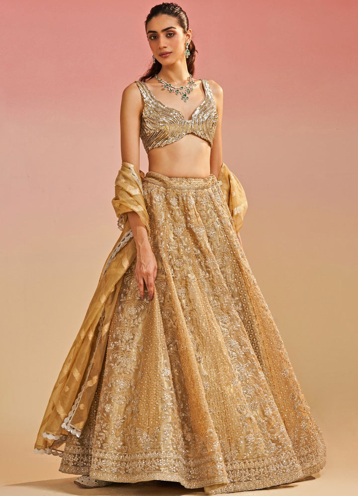 Gold Zari and Sequins Organza Lehenga Set Studio Iris - Fabilicious Fashion