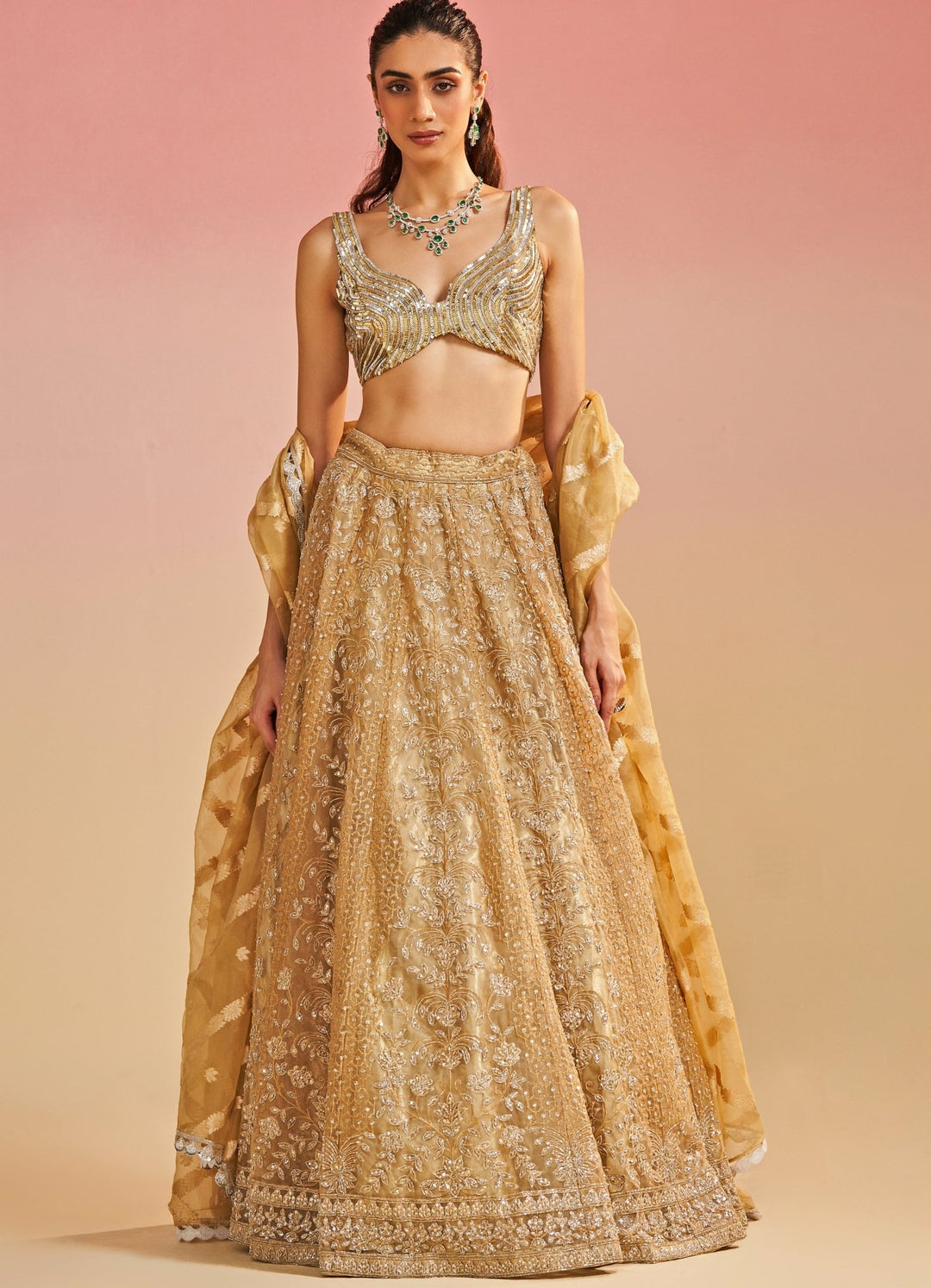 Gold Zari and Sequins Organza Lehenga Set Studio Iris - Fabilicious Fashion