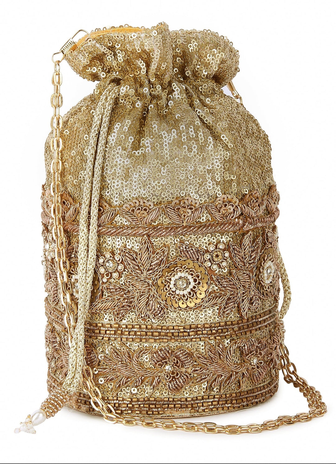 Golden Floral Motif Potli The Purple Sack - Fabilicious Fashion
