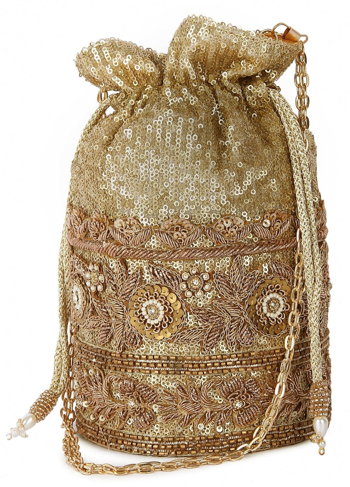 Golden Floral Motif Potli The Purple Sack - Fabilicious Fashion