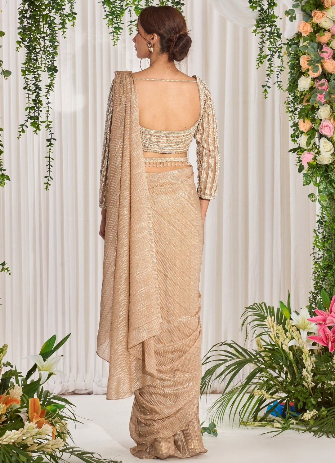 Golden Shimmer Lycra Saree With Full Sleeved Blouse Nidhika Shekhar - Fabilicious Fashion